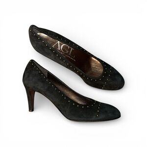 AGL Attilio Giusti Leombruni Black Nubuck Suede Gold Studded Pumps EU 40 Italy